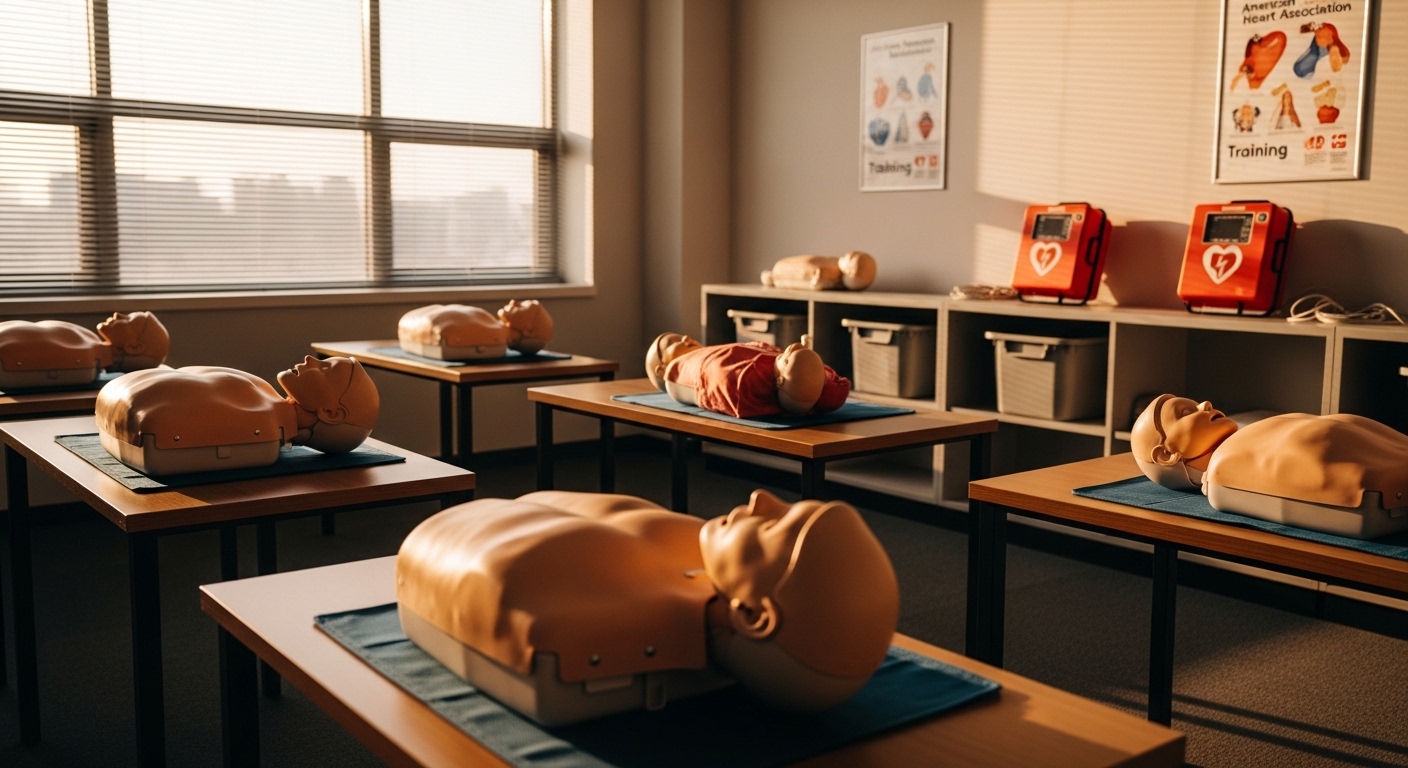 Charlotte CPR training classroom with manikins and AED units ready for an instructor-led class