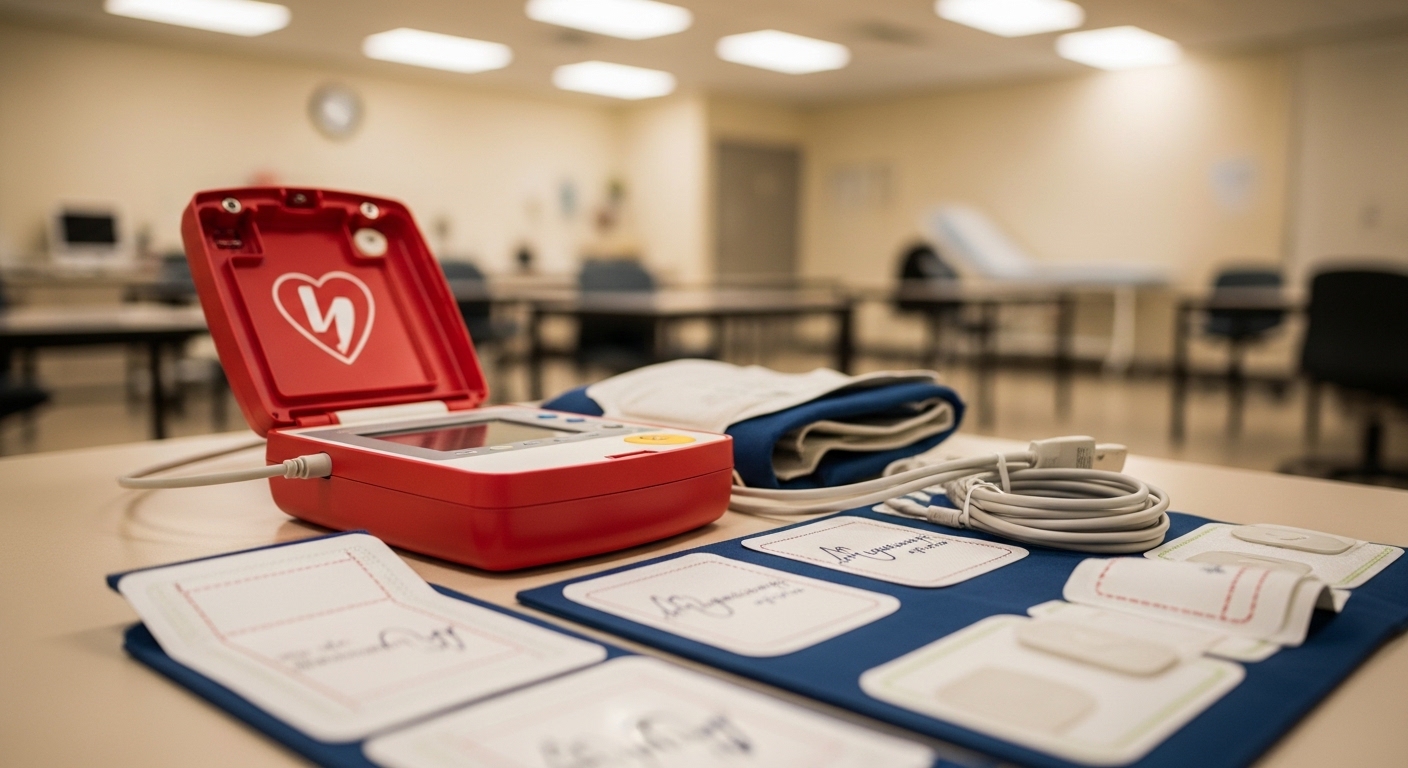 AED defibrillator with pads and cables laid out for hands-on ACLS cardiac emergency training in Charlotte