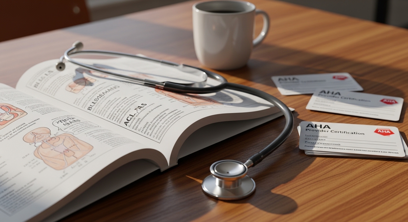 Open BLS provider manual with stethoscope and annotated skills checklist laid out for Charlotte healthcare-provider certification