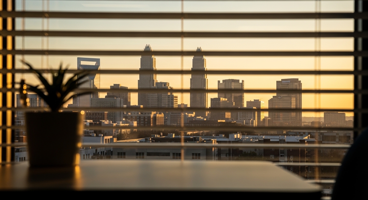 Cinematic view of the Charlotte skyline framed through classroom window blinds — training in the heart of the metro