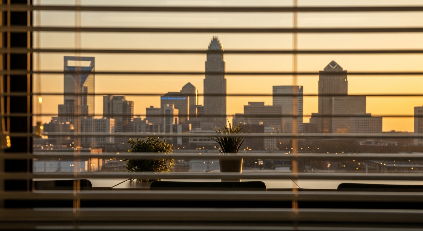 Late-afternoon Charlotte skyline through classroom blinds — local training center ready for the next class