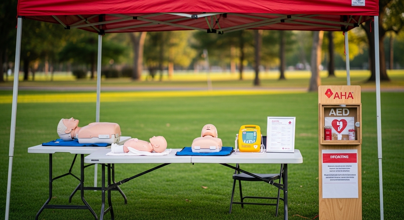 Community First Aid demonstration canopy set up at a Charlotte public event with CPR training tools