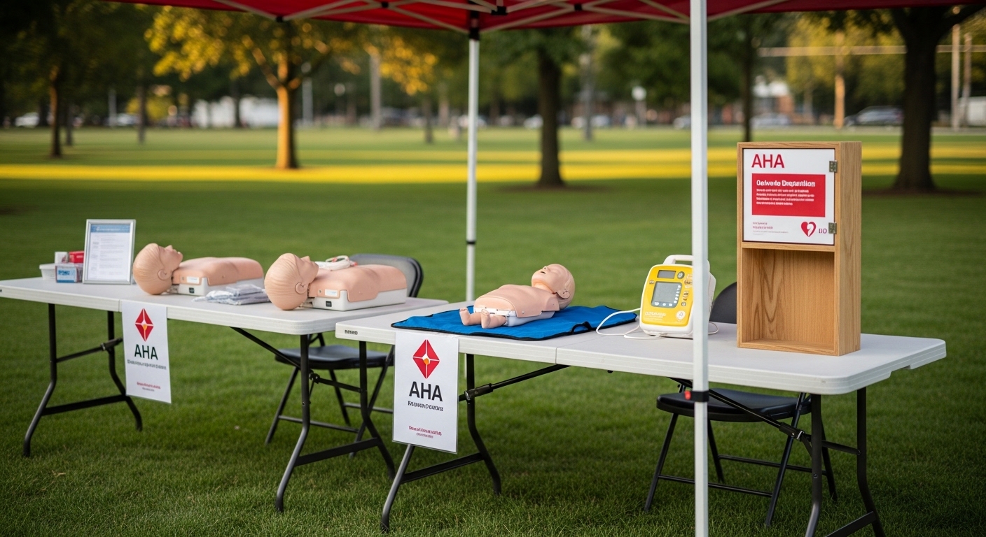 Community outreach table with AED trainer and bilingual handouts at a Charlotte public event