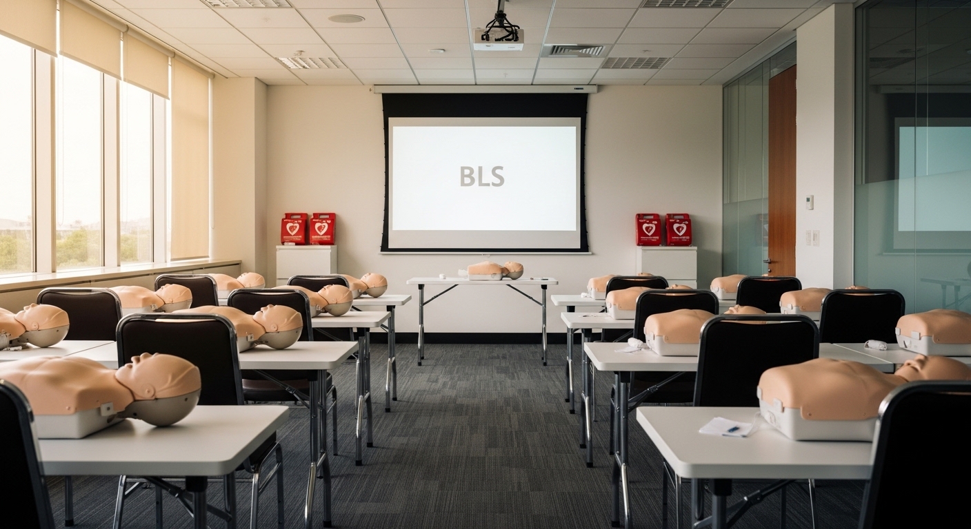 Hospital team training room set up for a group ACLS mega-code scenario in Charlotte