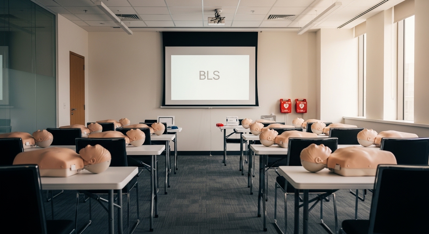 Empty classroom prepared with AHA equipment, ready for a new contractor instructor to begin teaching