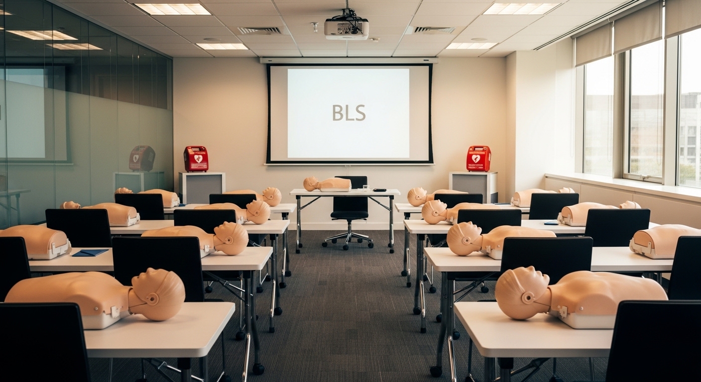 Charlotte hospital training room configured for a group BLS certification session