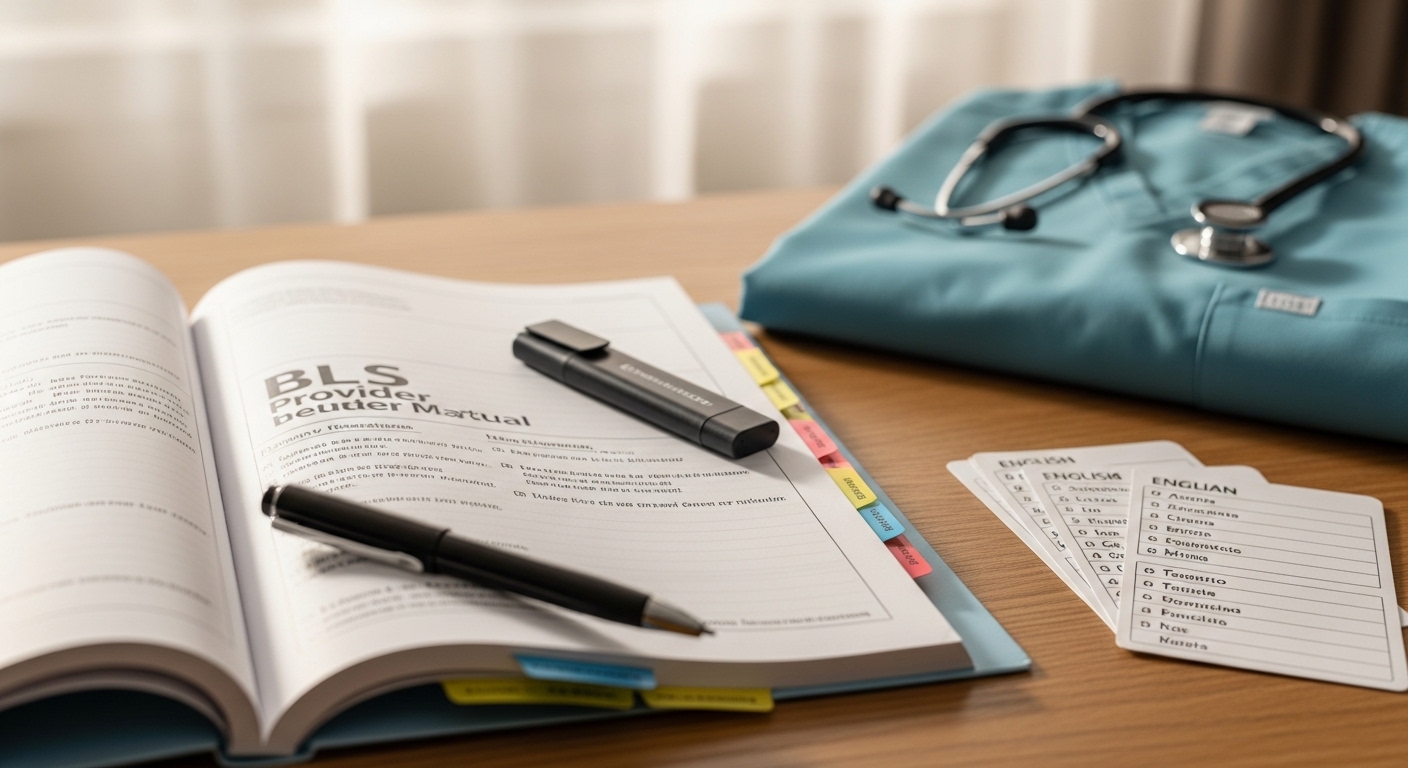 AHA instructor manual and teaching notes arranged on a desk for a Charlotte instructor onboarding