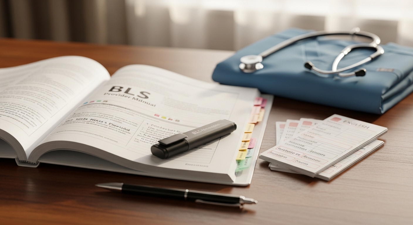 Close-up of an AHA BLS study guide and a stethoscope arranged for independent study in Charlotte