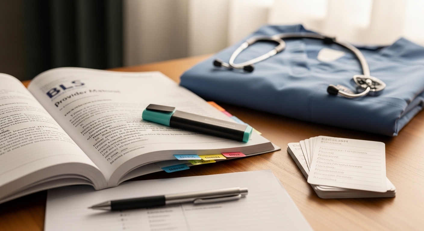 Nursing scrubs, AHA skills checklist and CPR training notes on a Charlotte student work surface